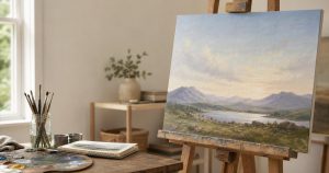 An easel in a sunlit art studio holding an in-progress landscape painting with faint grid lines drawn over it.