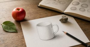 A pencil sketch of a coffee mug on an art-class table beside an apple, a leaf and a sketchbook.