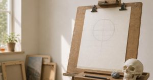 A pencil construction of a head on a drawing board beside a plaster skull and an eraser in a sunlit studio.