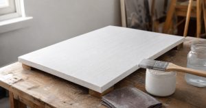 A freshly gessoed canvas on a wooden workbench beside a wide brush, a jar of gesso and fine sandpaper.